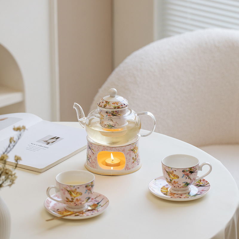 British Afternoon Pink Bird Tea Set Flower Teapot Candle Heating French Afternoon Tea Set Fruit Teapot