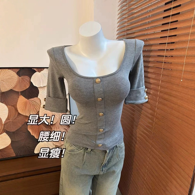 Pure Desire Light Luxury Style Square Collar Buttoned Half-Sleeve T-Shirt for Women, Summer Sexy Slim-Fit Chanel-Style Base Top