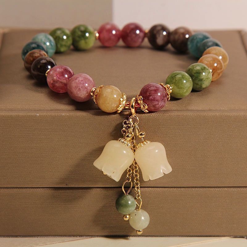 Nueva pulsera de color de loto arcoíris para mujer, pulsera colgante de orquídea de nicho, pulsera de novia, pulsera de tocador