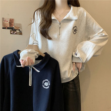 实拍欧美风Polo领卫衣女秋冬加绒薄款宽松洋气时尚百搭刺绣上衣