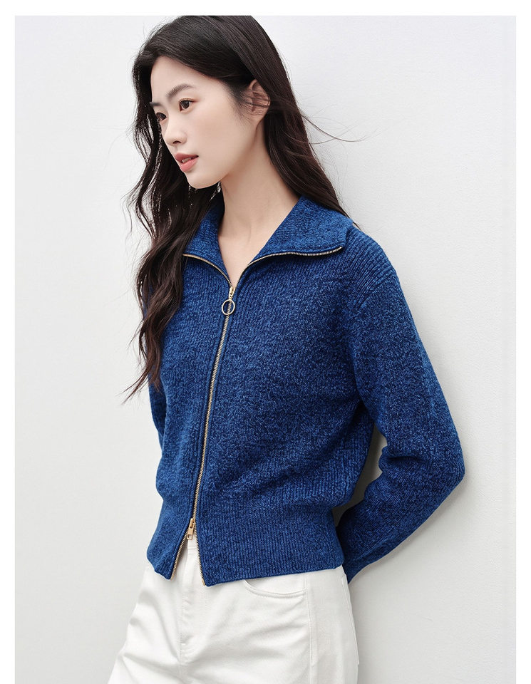 Áo khoác dệt kim nữ màu xanh da trời, dáng cardigan khóa kéo, chất liệu len cừu mềm mại, tay dài — Màu xanh da trời chi tiết 9