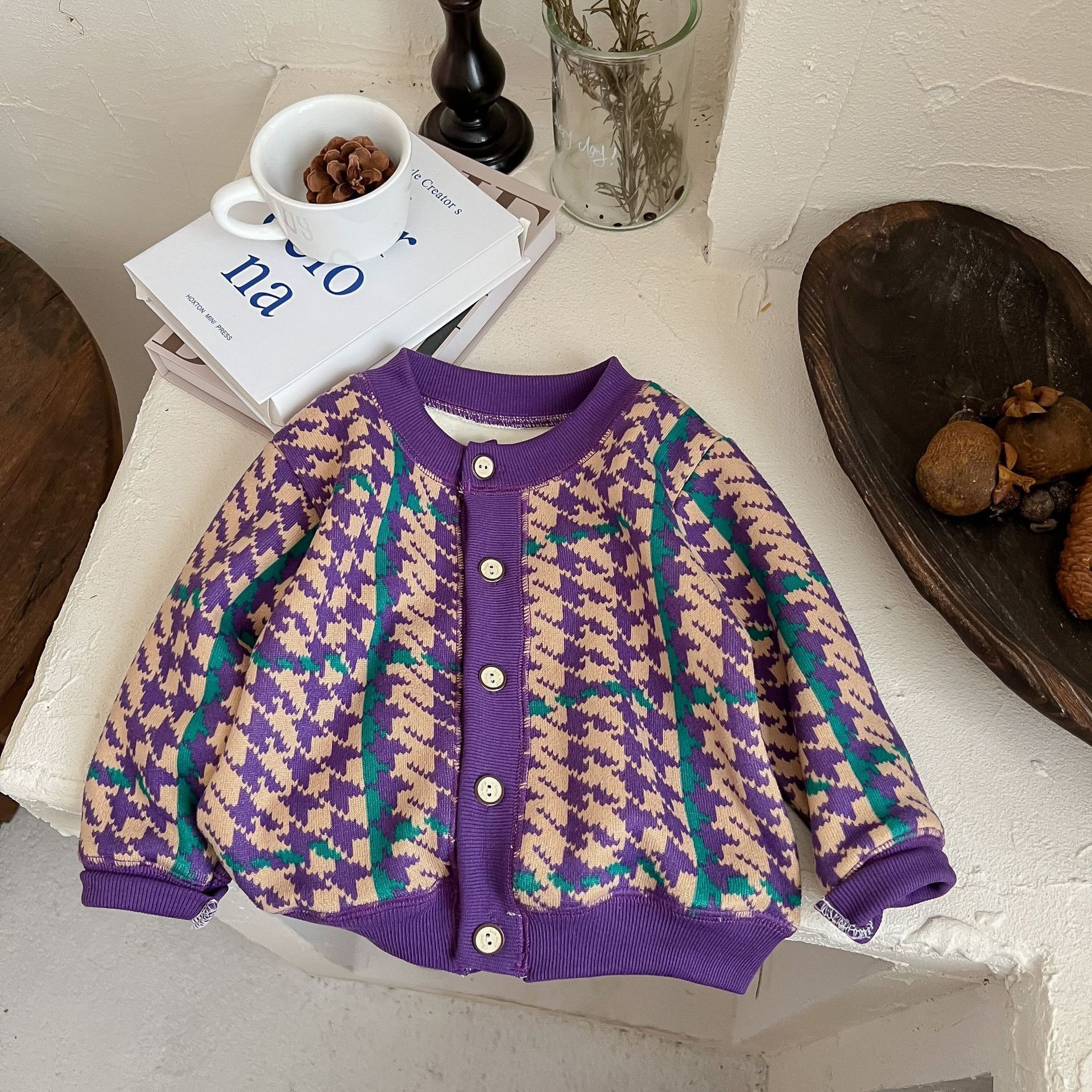 Knitted jacket-purple houndstooth