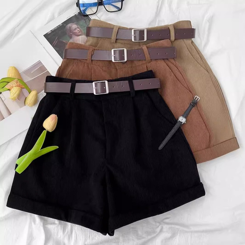 Retro Corduroy Short Pants for Women - Autumn/Winter High-Waisted Slim Straight Leg Pants with Boot Cut Design