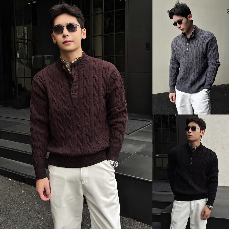 Men's faux two-piece knitted sweater with cable knit pattern, plaid, henley collar, old money style, winter, cross-border factory wholesale Men's faux two-piece knitted sweater with cable knit pattern, plaid, henley collar, old money style, winter, cross-border factory wholesale