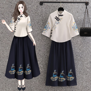 Summer 2022 New Style Chinese Style Improved Tang Suit Cheongsam Two-piece Set Zen Tea Clothing Folk Style Hanfu Suit for Women