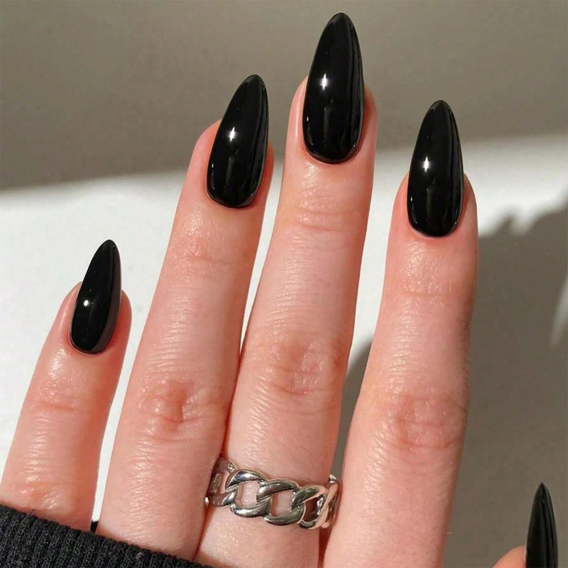 Short Oval Nails with Pointed Tips, Pure Black Glossy Wearable Nails, Sweet, Cool and Simple French Hottie Ins European and American Style Cross-Border Hot Short Oval Nails with Pointed Tips, Pure Black Glossy Wearable Nails, Sweet, Cool and Simple French Hottie Ins European and American Style Cross-Border Hot