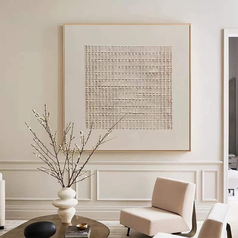 Hand-Painted Oil Painting Wabi-Sabi Log Style Square Living Room Decoration Painting High-End White Geometric Pattern Stereo Texture Painting