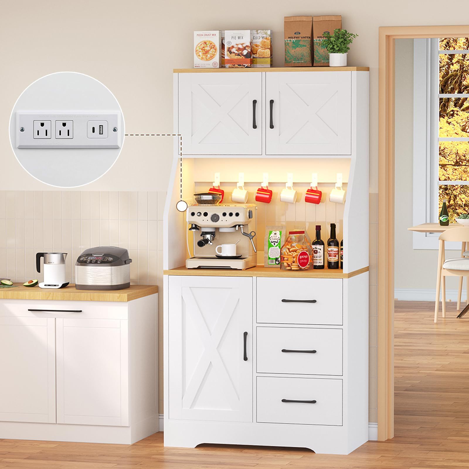 Sideboard with Adjustable Shelves and Drawers, with Led Lighting, with Microwave Shelf and 6 Hooks