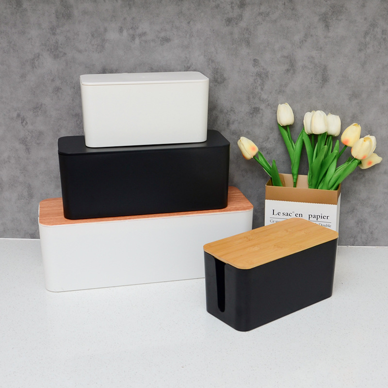 Caja de almacenamiento de plástico para escritorio, caja de protección para enchufes de cable de alimentación, organizador de cables de datos con textura de madera, caja de almacenamiento para tiras de alimentación