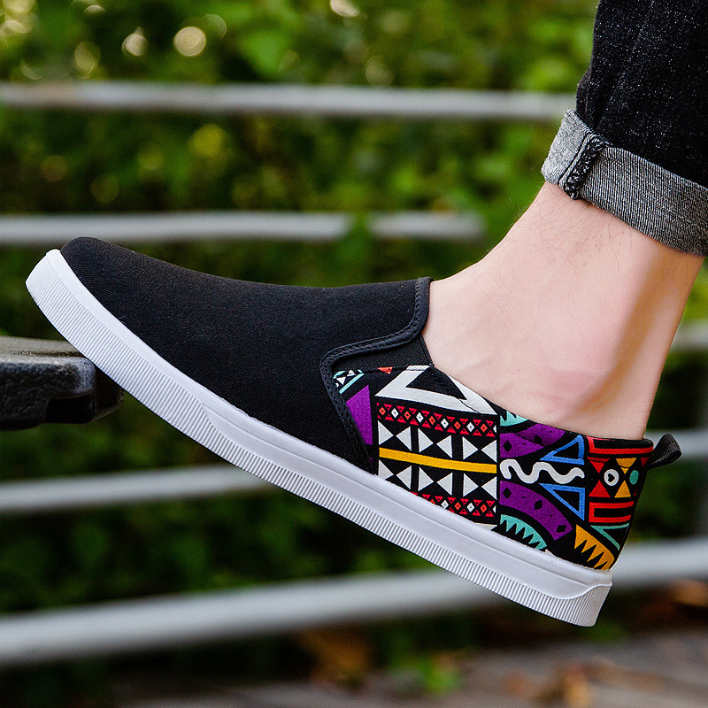 Foreign Trade Cross-border Men's Shoes Men's Casual Shoes with Beef Sole Comfortable and Breathable Slip-on Korean Style Hand-painted Canvas Shoes for Students