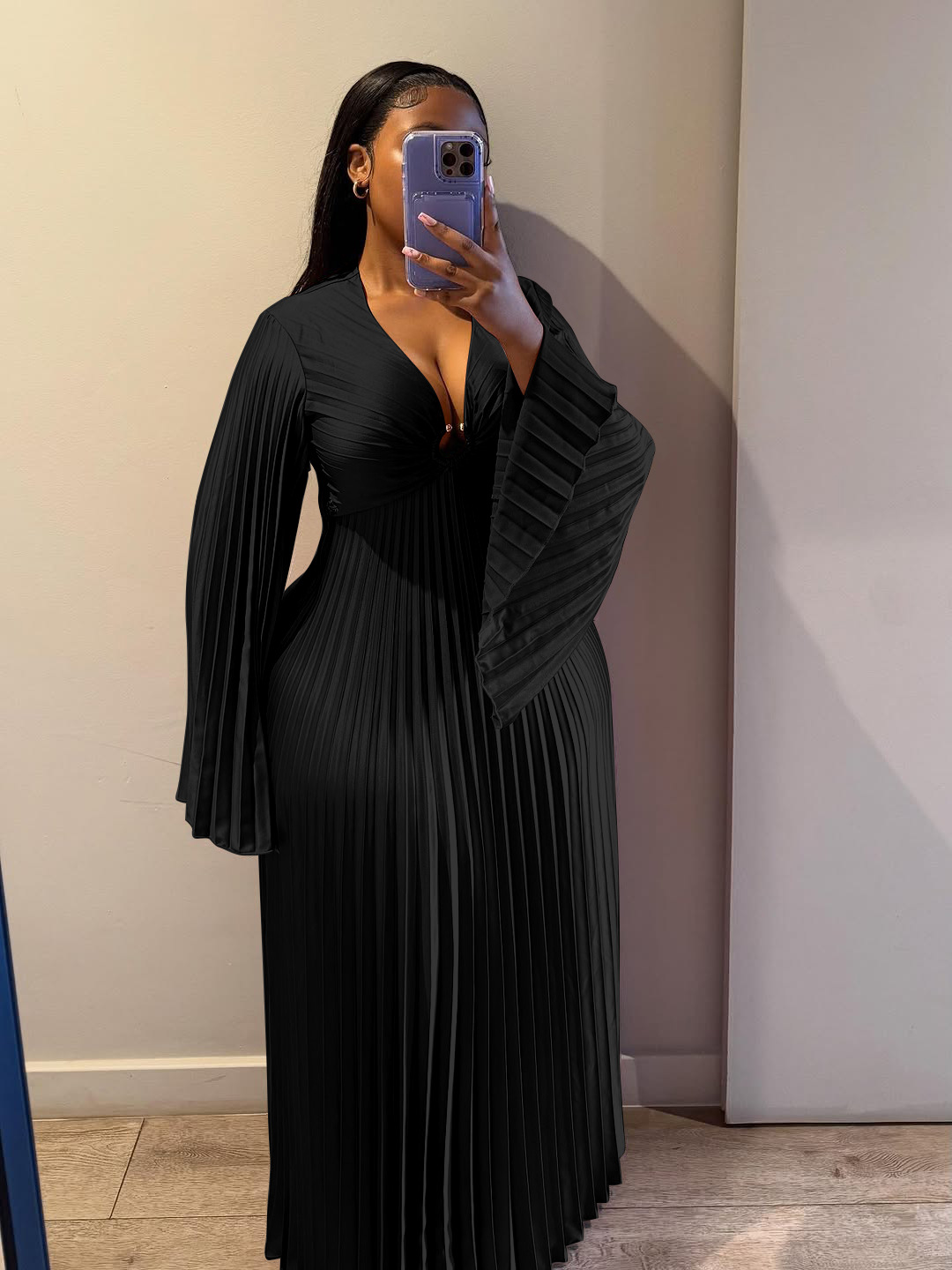 Women's Clothing Elegant Slim Fit Women's Dress V Neck Pleated Long Sleeve Solid Color Casual Spring/Autumn Dress_ecoleips.com