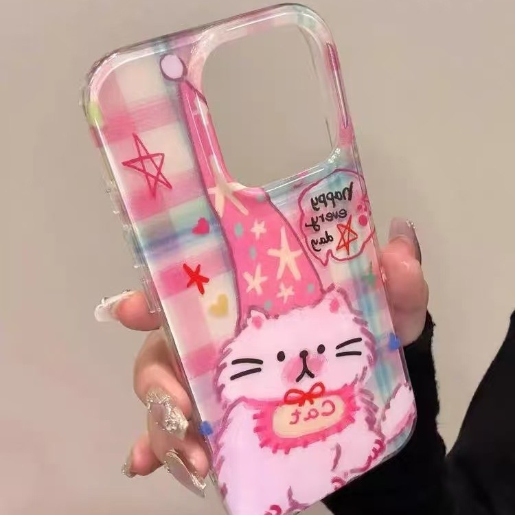 Lindo gato a cuadros en polvo de graffiti para iphone16ProMax Apple 15 funda para teléfono 14 pulsera 13 mujer 16