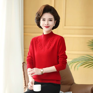 【100%纯羊毛】上衣秋冬针织羊毛衫中老年打底衫妈妈毛衣女装厚款