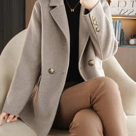 短款双面羊绒大衣女2023秋冬新款韩版羊毛呢西装领外套高端小个子