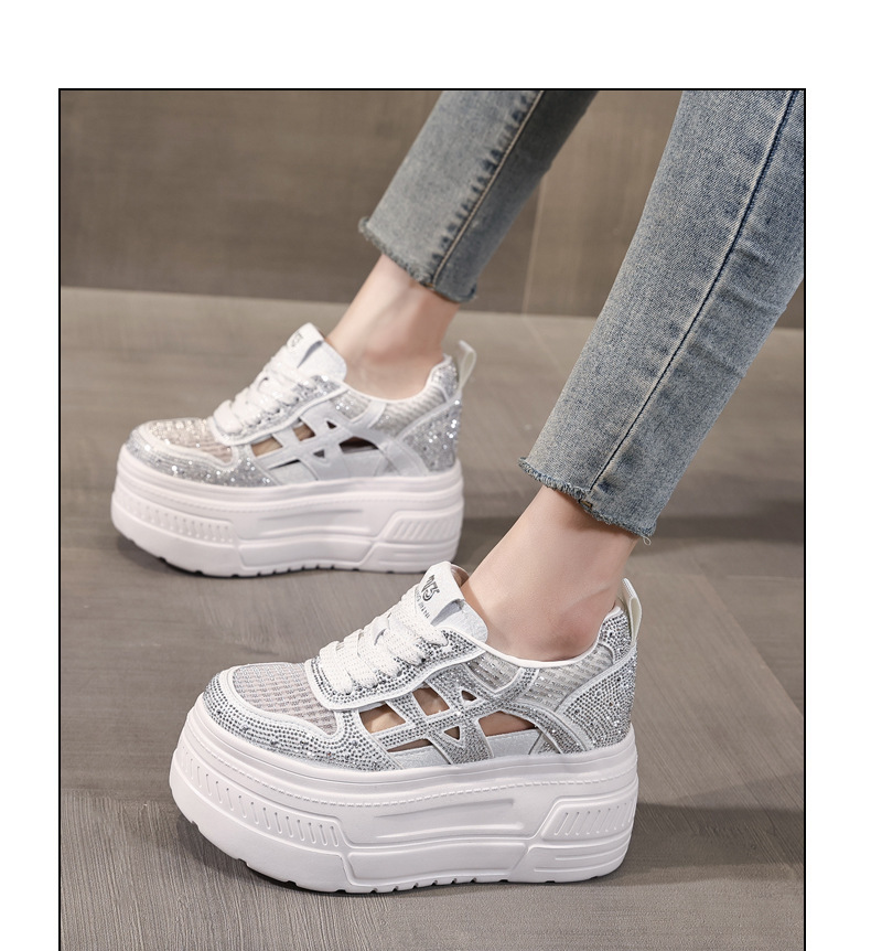 Giày sneaker nữ đế dày tăng chiều cao, phối đá rhinestone, lưới thoáng khí — màu trắng chi tiết 12