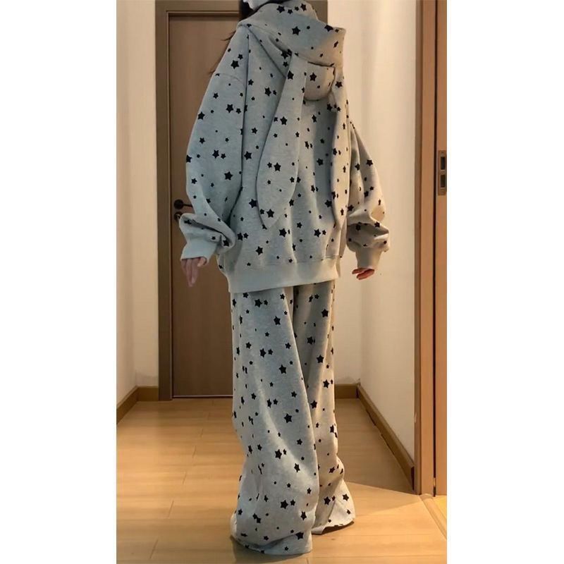 满印美式星星耳朵时尚套装秋季新款连帽卫衣开衫慵懒宽松两件套|undefined