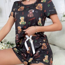 亚马逊睡衣女独立站夏季圆领小熊印花短款套装抽绳舒适女士居家服