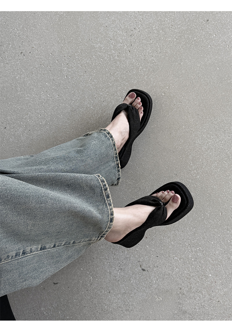Dép xỏ ngón nữ đế dày denim đi biển mùa hè — Màu đen, Xanh denim chi tiết 14