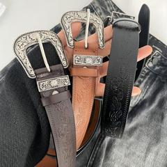 新款雕花扣皮帶女美式復古棕色寬腰帶潮配裙子牛仔褲腰帶朋克百搭