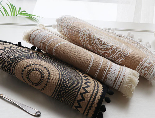 Fabric waterproof jute placemat with lace ball anti-scalding pot mat restaurant placement insulation mat 1392B