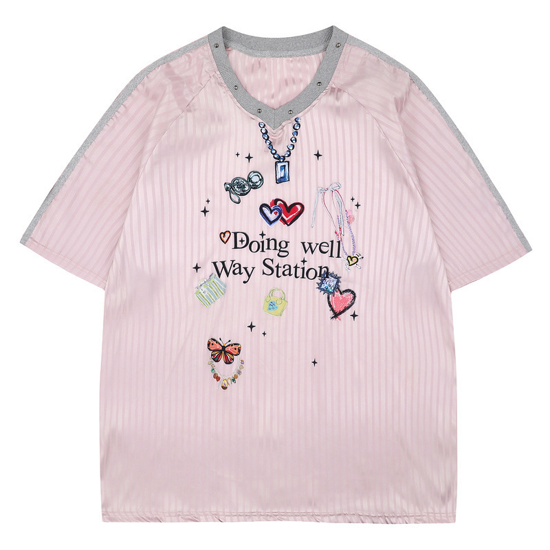 Sweet Sports Jersey V-Neck Pink Short-Sleeved T-Shirt for Women 2025 Summer New Style Jersey Style Trendy Breathable Mesh