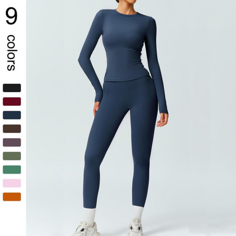 Women's quick-dry yoga fitness T-shirt, outdoor running sports outfit, round-neck slim-fit long-sleeve top and slim-fit long pants set