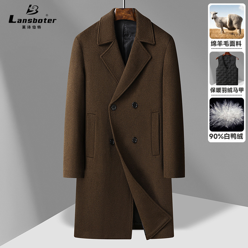 2025 Autumn and Winter Cashmere Wool Double-Breasted Long Woolen Outwear Men's Thickeneded Woolen Woolen Outwear