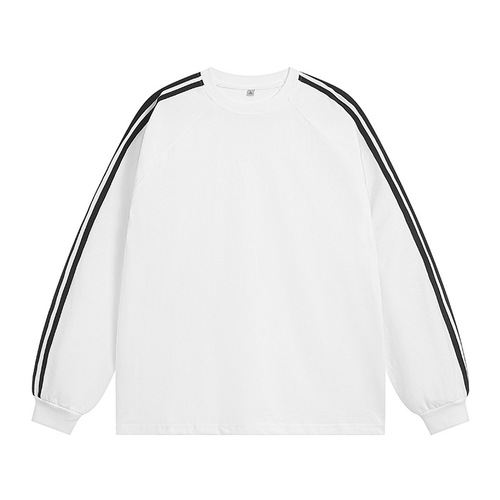 Pure Color Three Stripes 250g Heavyweight Ribbed Long Sleeve T-Shirt for Men Loose Early Autumn Color Block Shoulder-Style Round Neck Base Layer Top