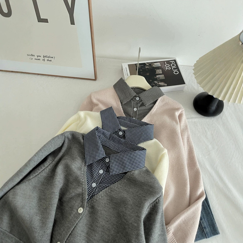 OOTD Autumn New Korean Sweet Early Autumn College Style Two-Piece Shirt and Knit Cardigan Set 7896