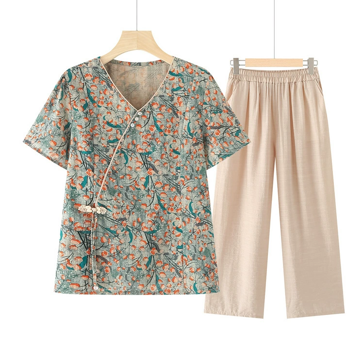 Мама костюм новый китайский костюм маленькая рубашка летняя национальная пуговица с принтом с круглым вырезом и короткими рукавами брюки средних лет леди