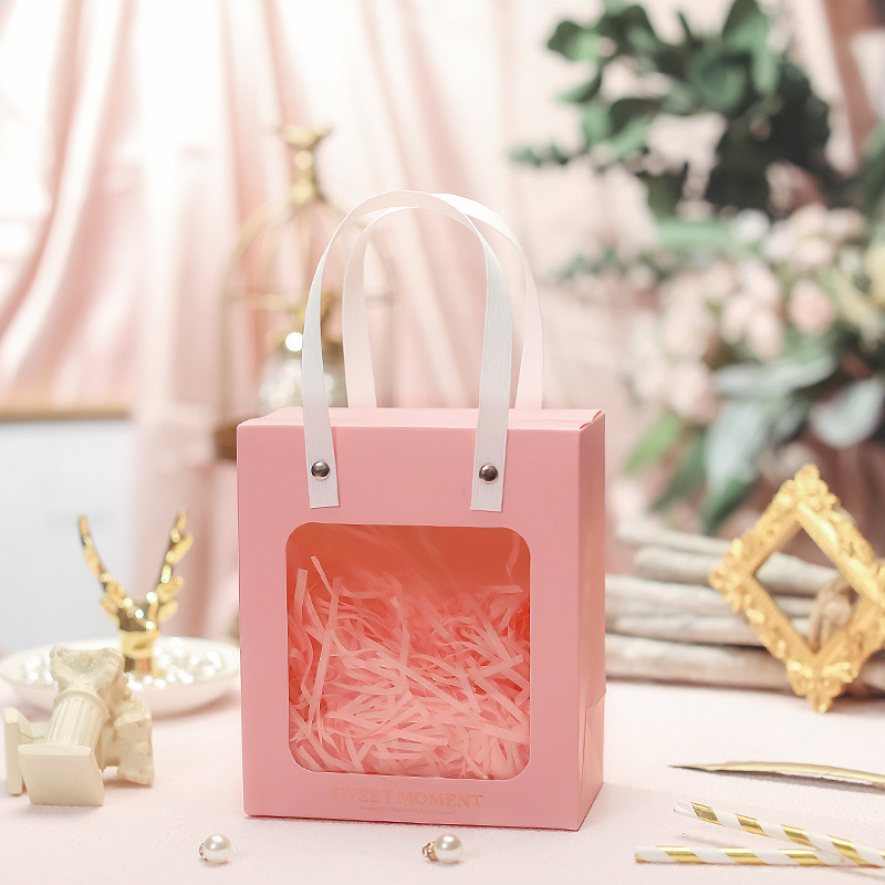 Bolsa de papel de ventana al por mayor estilo ins bolsa de papel de tamaño pequeño bolso de regalo de mano bolso de regalo transparente bolsa de regalo de tarjeta blanca