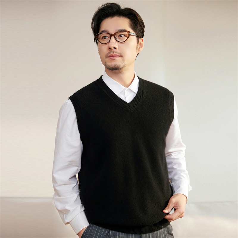 Cashmere Vest, Pure Cashmere, Autumn/Winter New Style, V-neck, Solid Color, Sleeveless Pullover, Men's Wool Vest, Black