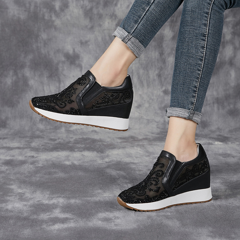 Women's Height-Increasing White Sneakers in Guangzhou Factory 7cm Summer New Wedge Shoes Slip-On Mesh Shoes with Rhinestones