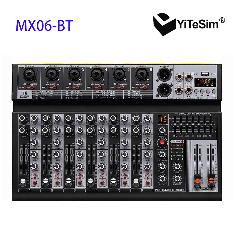 Mezclador profesional transfronterizo 4 / 6 16DSP / 7EQ / MP3 / Bluetooth / USB reverberación estéreo y control de ganancia