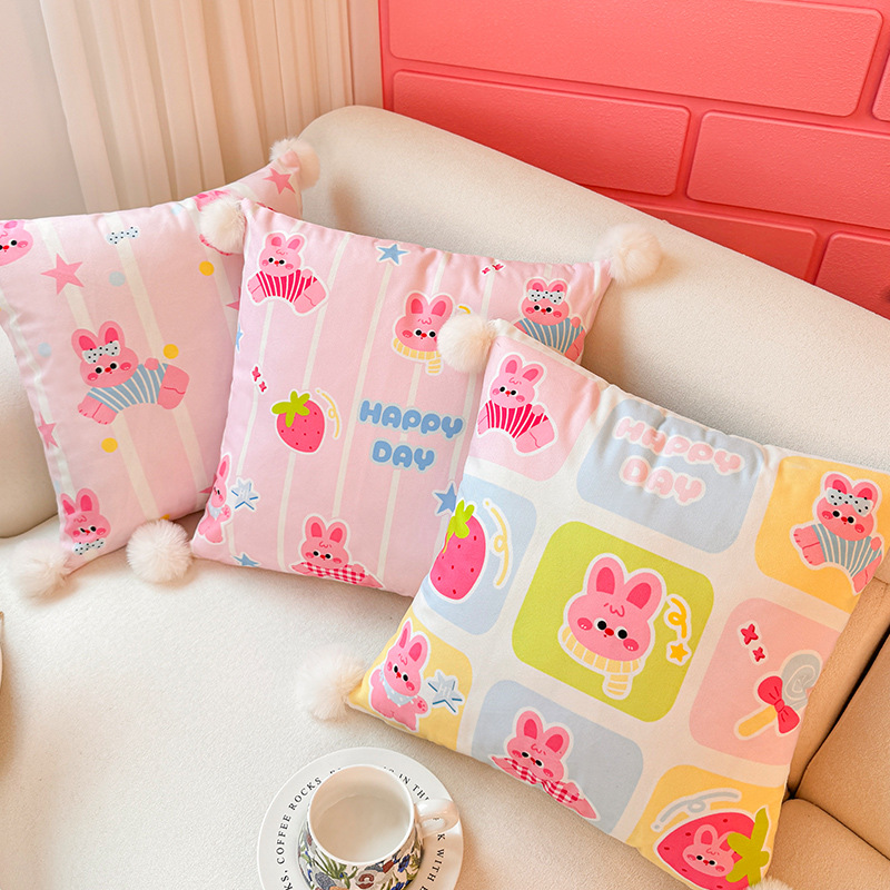 Pink Rabbit Dopamina Almohada Funda de almohada Sofá de sala de estar Almohada de cintura abstracta con estampado de cabecera Bola de pelo