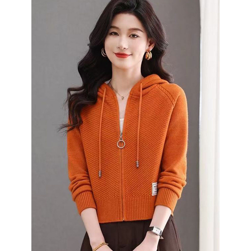 Hooded Zip-Up High-Waisted Stylish Sweatshirt for Women, Wool Outerwear, Short Knitted Cardigan Sweater for Petite Figures Hooded Zip-Up High-Waisted Stylish Sweatshirt for Women, Wool Outerwear, Short Knitted Cardigan Sweater for Petite Figures