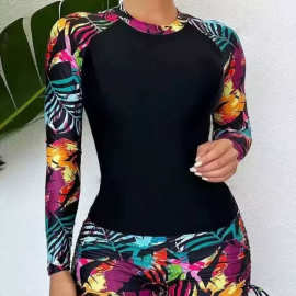 欧美跨境长袖女分体热带花卉印花拼接保守遮肉冲浪泡温泉沙滩泳装