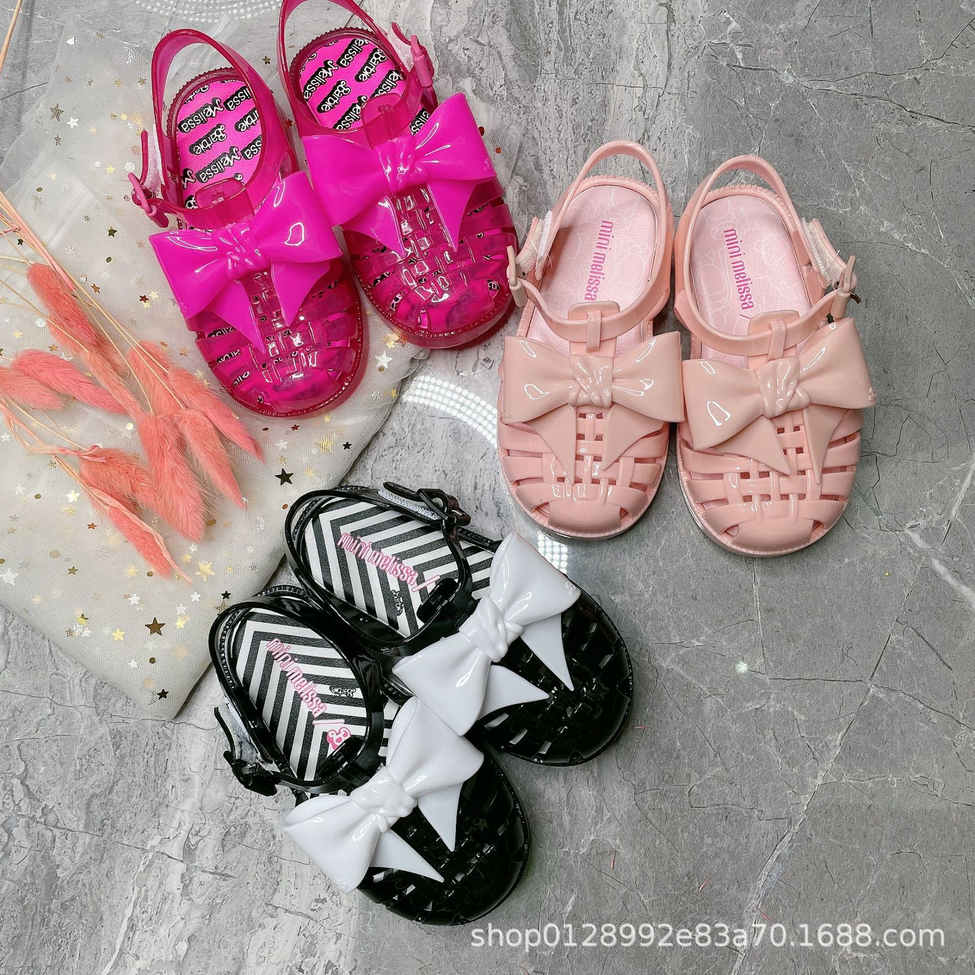 Me *Sha Summer Korean Style Little Girl Jelly Bow Roman Cut Out Sandals Velcro for Children and Middle-Aged Children