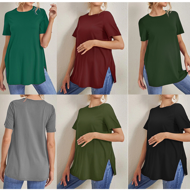 2023 new Amazon cross-border supply fashion Joker solid color crew neck slit maternity short sleeve top