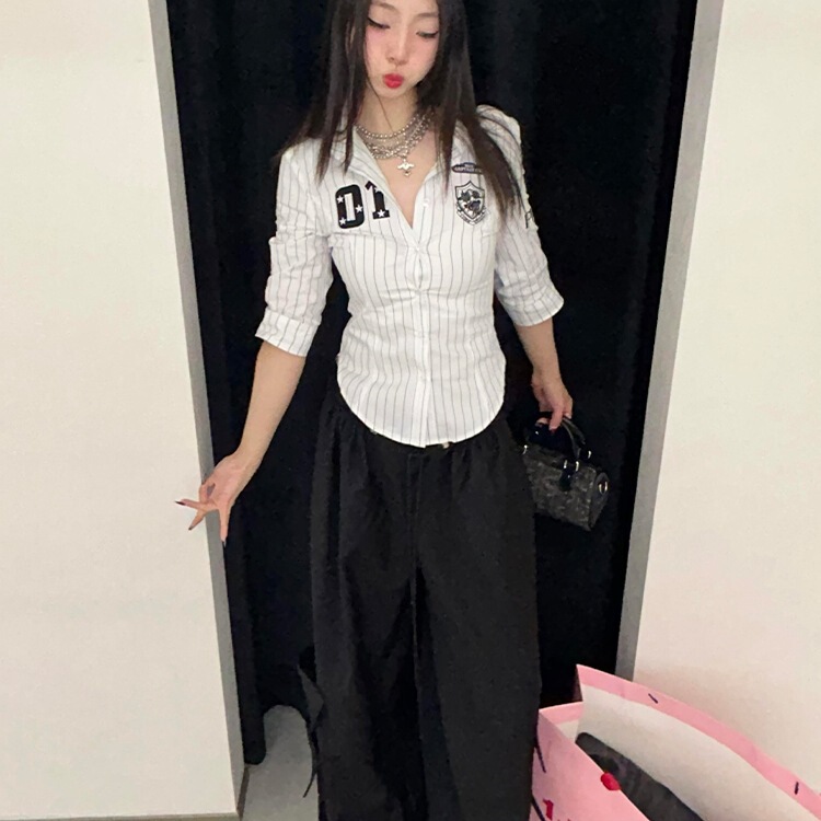Original Fabric Stripesd Three-Quarter Sleeve Jersey Shirt Women's Summer Waist Slimming Look Shirt Jacket Retro Slim Top