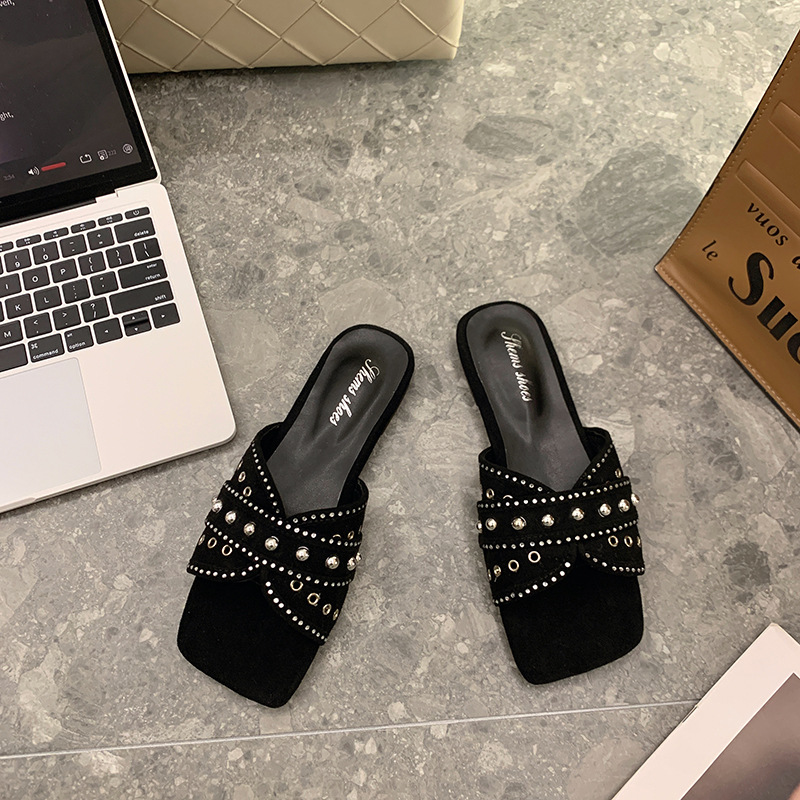 Women's Vintage Style Roman Style Solid Color Rivet Square Toe Slides Slippers display picture 10