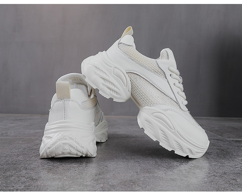 Giày sneaker nữ đế dày phong cách dad sneaker, lưới thoáng khí, da thật tăng chiều cao — Lưới trắng chi tiết 12