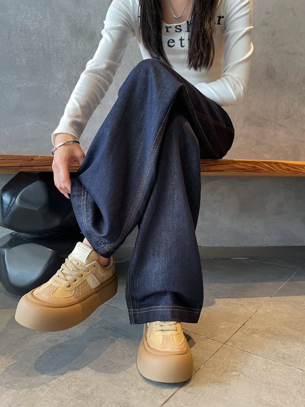 深蓝色直筒牛仔裤女2025新款春秋丹宁水洗显瘦高腰窄版阔腿裤子|undefined