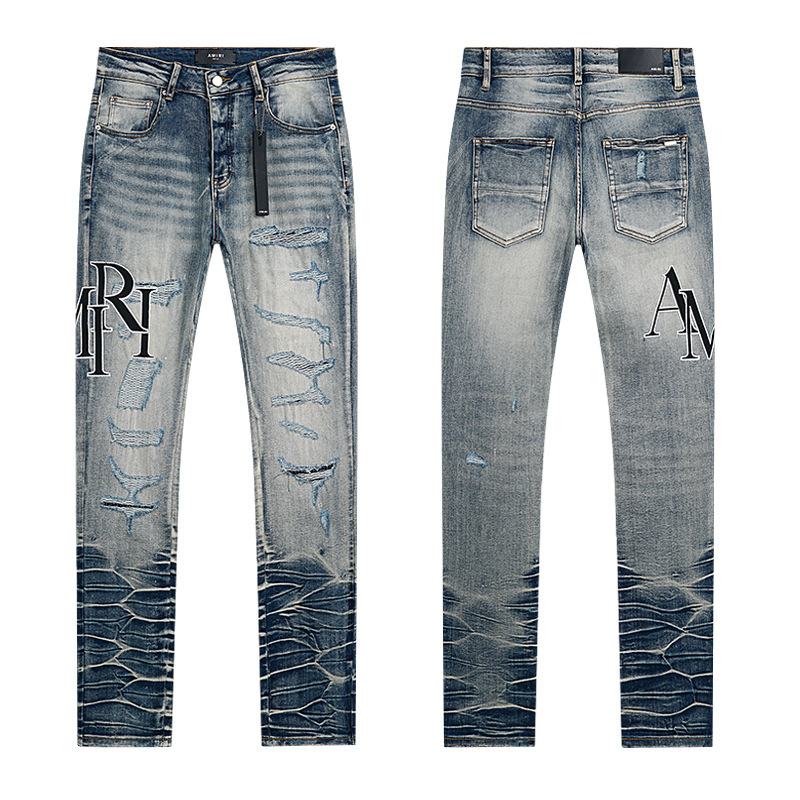 パープルブランド クロスボーダー スプラッシュプリント ハイストリート ヴィンテージ ダメージ加工 カジュアル AMIRI 男女兼用 デニムパンツ|undefined