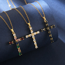 新款复古简约彩色十字架不锈钢锁骨链女小众设计百搭铜镀真金项链