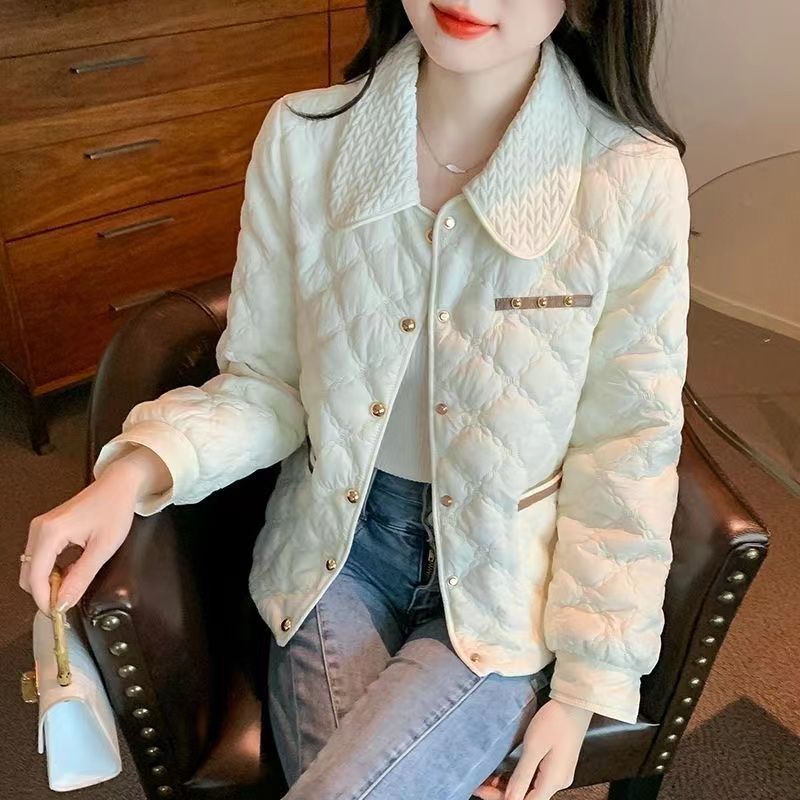 白色小香风棉衣外套女冬季年新款小个子轻薄夹棉菱格棉服棉袄|undefined