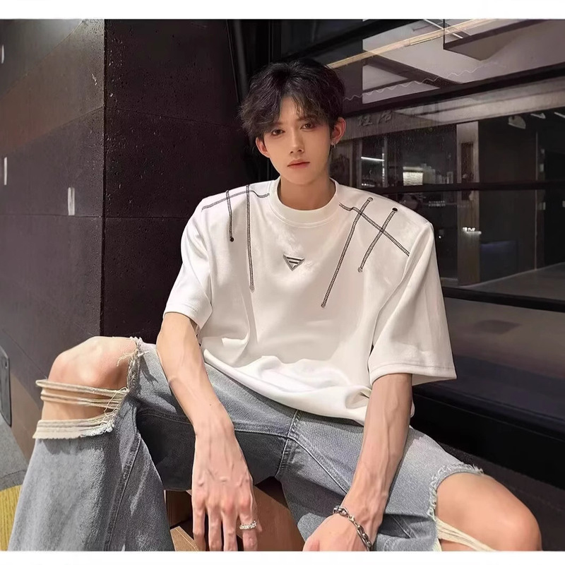 American-style Niche Heavy Metal Shoulder Pad Design Short-sleeved T-shirt Men's Summer Half-sleeved Loose Top