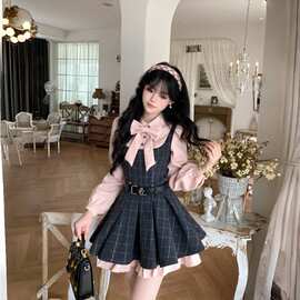 Blovelan雾蓝春秋新款少女感蝴蝶结衬衫格纹收腰蓬蓬百褶连衣裙