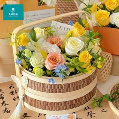 中秋節月餅花籠中国式竹編み二重手提げ生け花籠手編み生け花籠花フルーツバスケット
