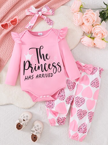 Baby Spring and Autumn Western Style Long-Sleeve English Printed Pants with Heart Printed Bow Decoration Girls' Comfort Set